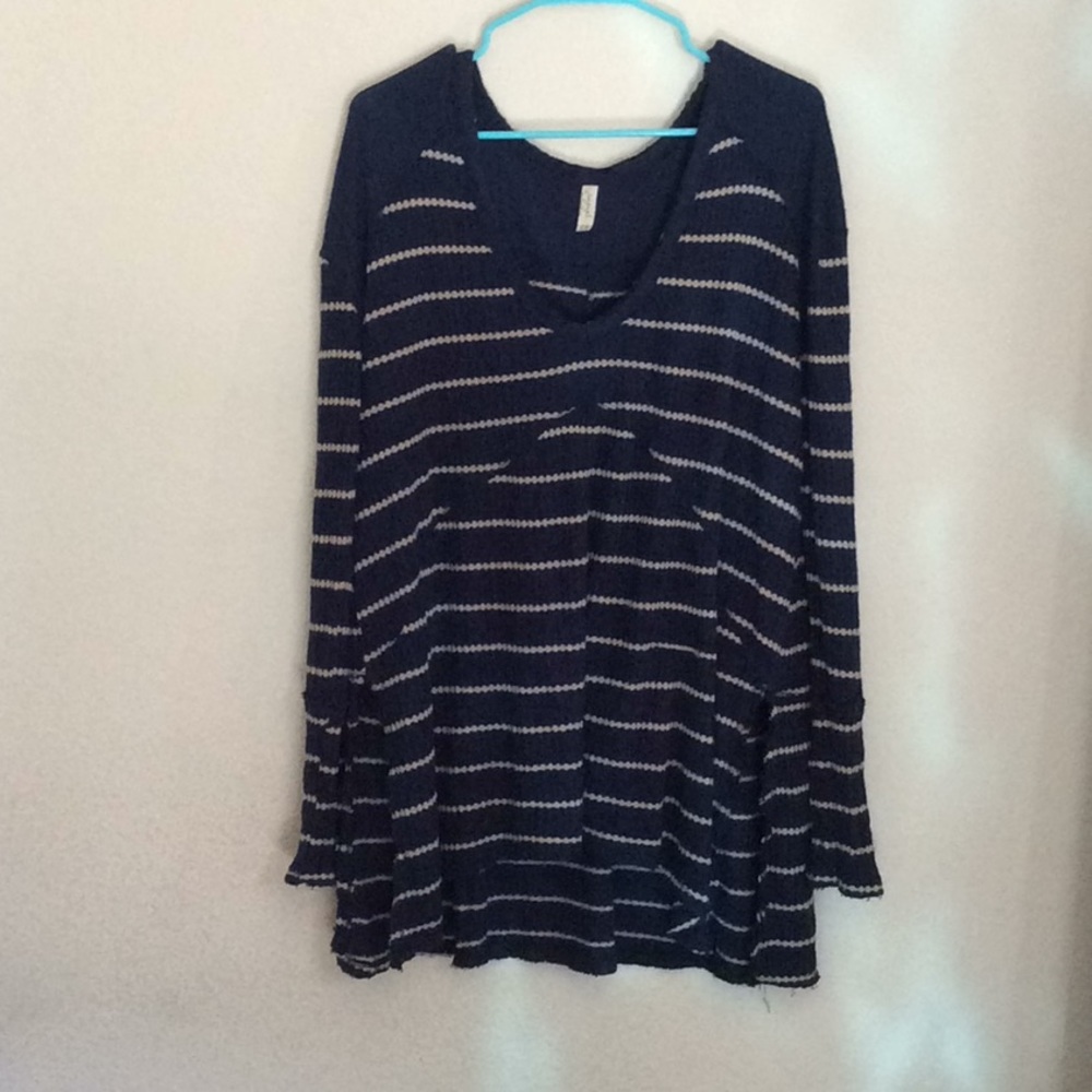 Free People Navy Blue and Tan Sweater